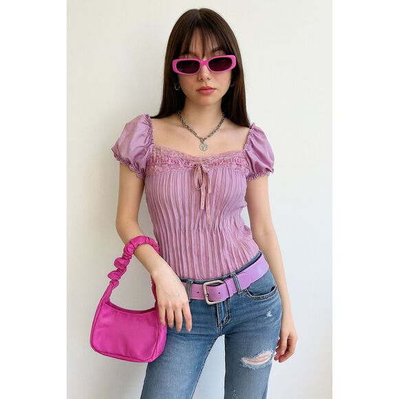 vintage piano crinkle puff short sleeve y2k top Size Large - Picture 1 of 5
